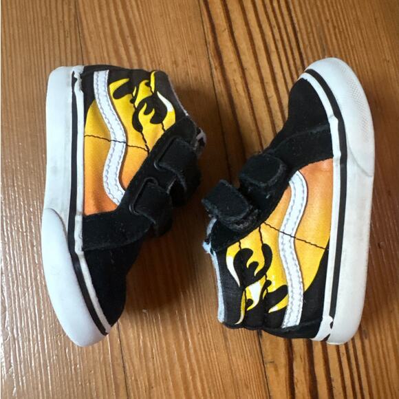 VANS black suede red orange flame high top velkro sneakers SIZE 5 - Picture 4 of 7